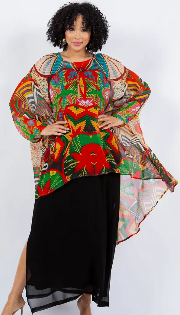 Amazon Floral Mosaic hi-low Tunic Top Boho Hippie Chic Resort Wear Sml-10X