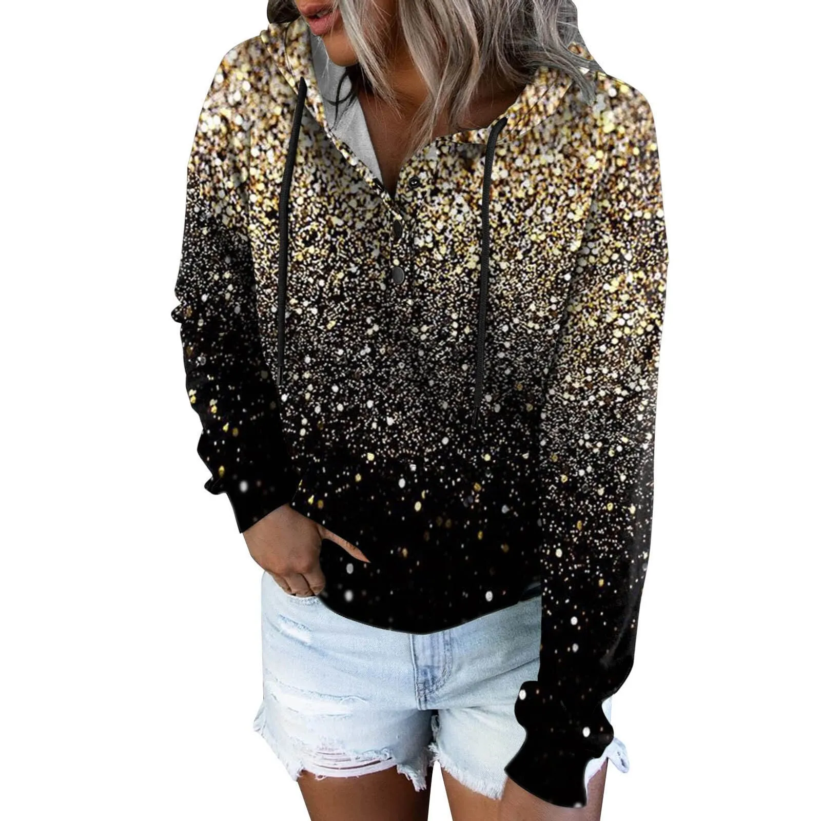 Amy Fashion - Casual Drawstring Button Sequins Printed Hooded Sweatshirts