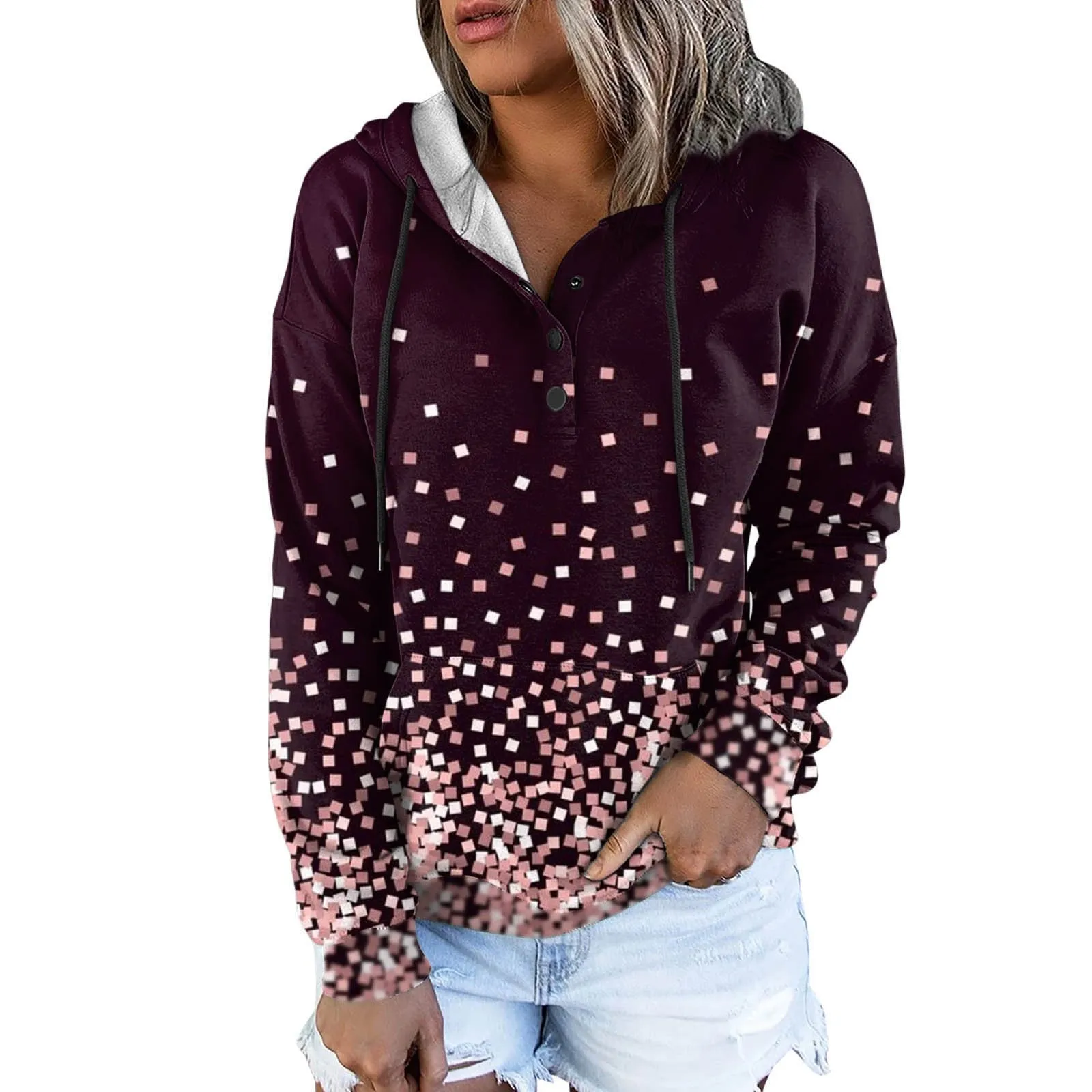 Amy Fashion - Casual Drawstring Button Sequins Printed Hooded Sweatshirts