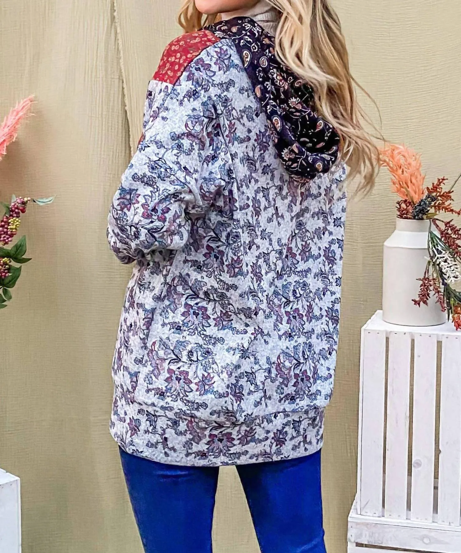 And The Why - Floral Half Zip Up Hoodie Sweater