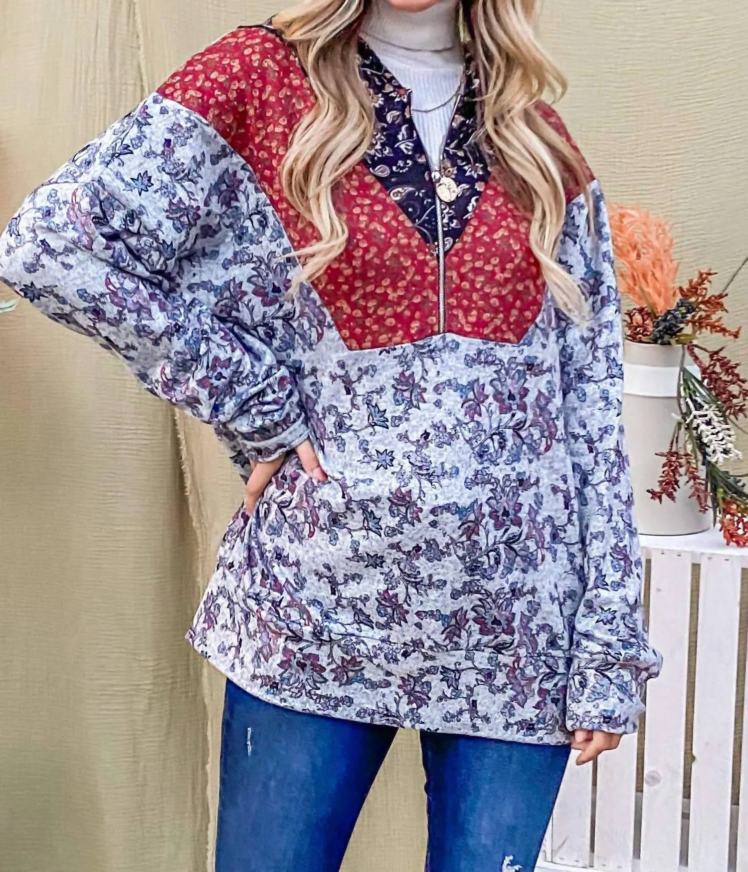 And The Why - Floral Half Zip Up Hoodie Sweater