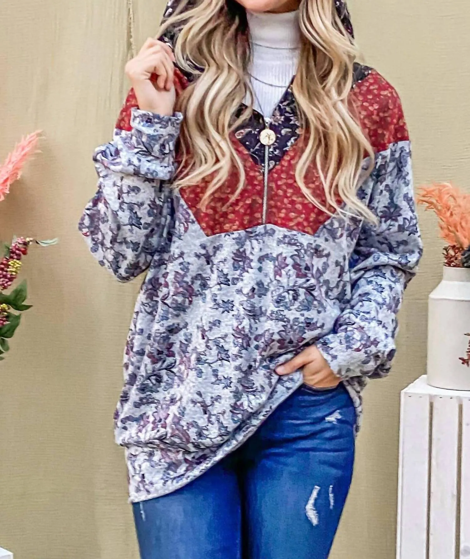 And The Why - Floral Half Zip Up Hoodie Sweater