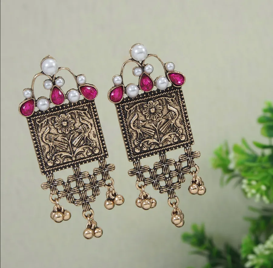 Antique Gold/Silver Plated Design Artwork Hanging Beads Fashion Earring