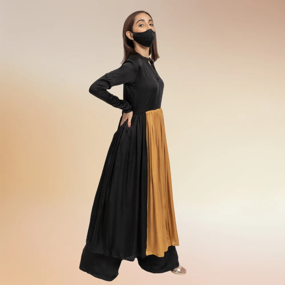 Black-Caramel Gold Color Block Kurta Set | Modal Silk | Chic Appeal