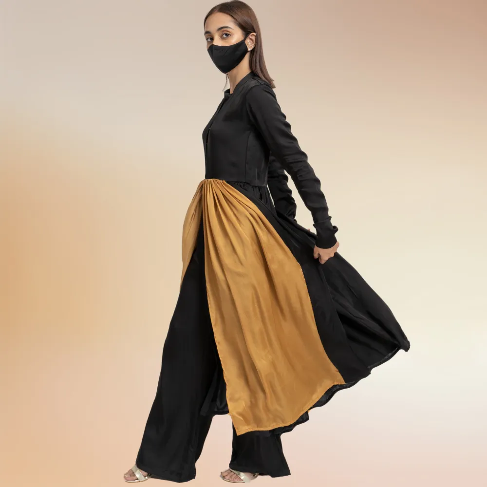 Black-Caramel Gold Color Block Kurta Set | Modal Silk | Chic Appeal