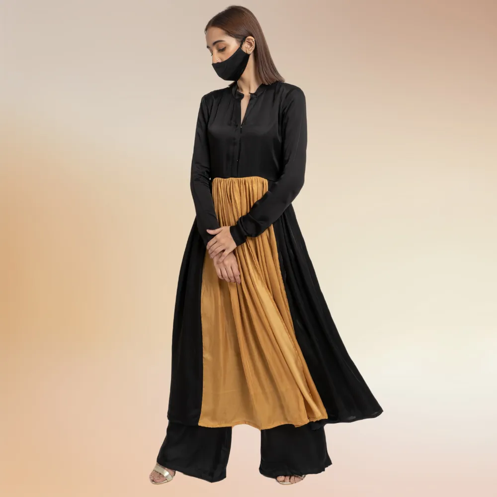 Black-Caramel Gold Color Block Kurta Set | Modal Silk | Chic Appeal