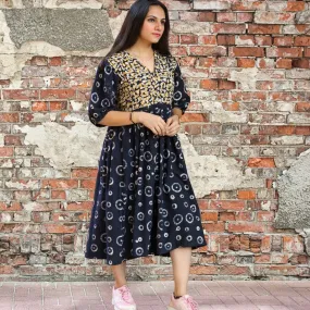 Black Midi Dress For Women | Soft Cotton | Batik Print | Casual Loose Fit