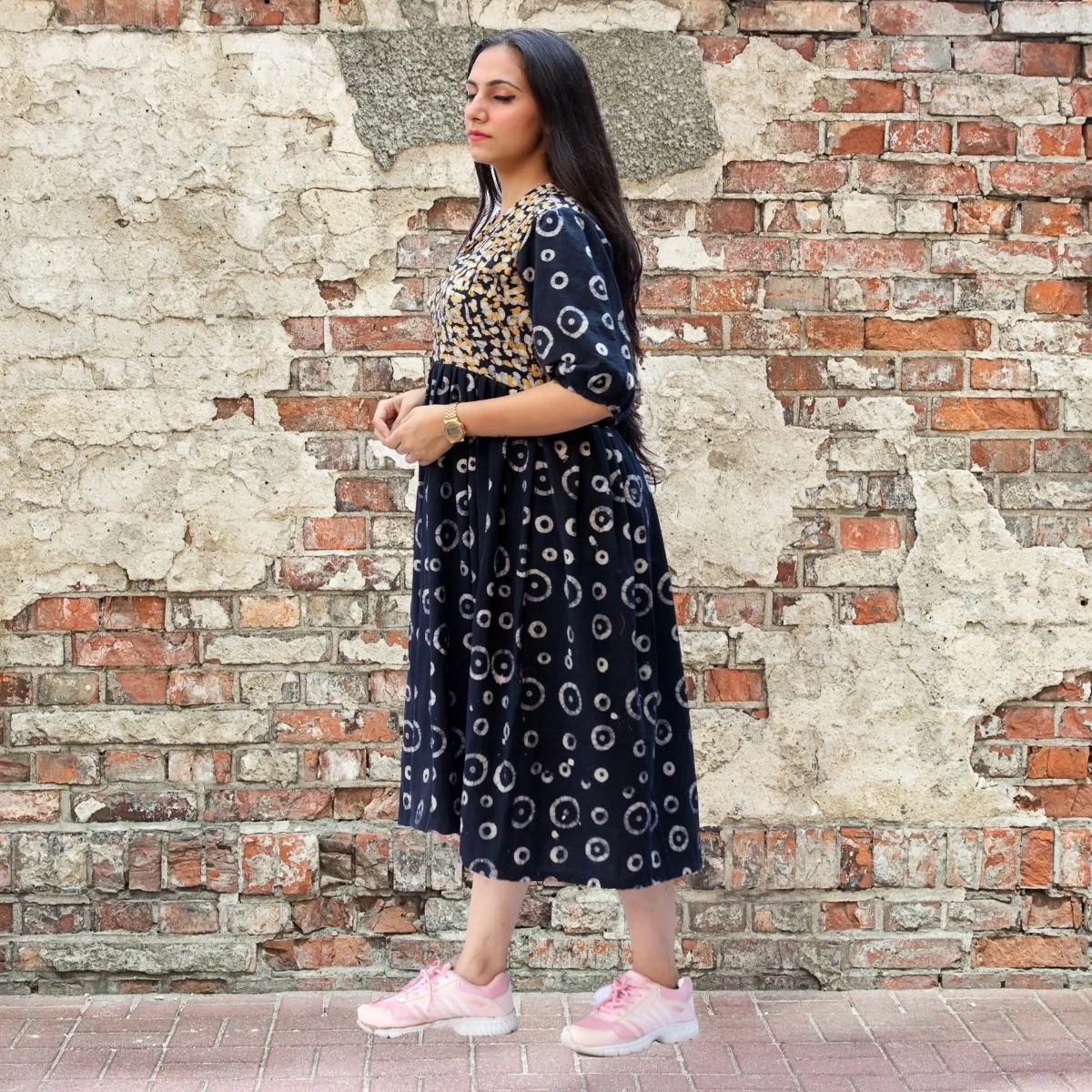 Black Midi Dress For Women | Soft Cotton | Batik Print | Casual Loose Fit