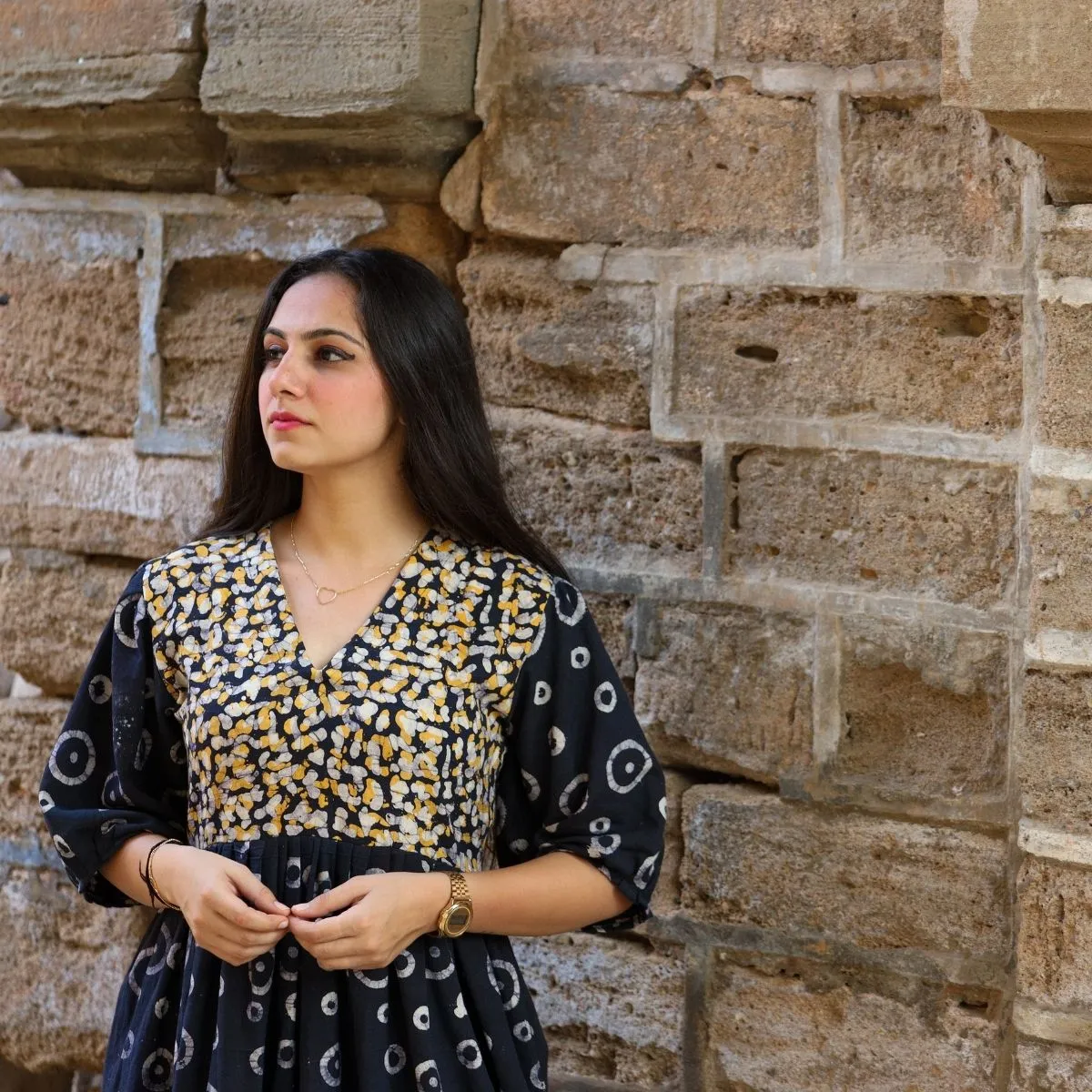 Black Midi Dress For Women | Soft Cotton | Batik Print | Casual Loose Fit