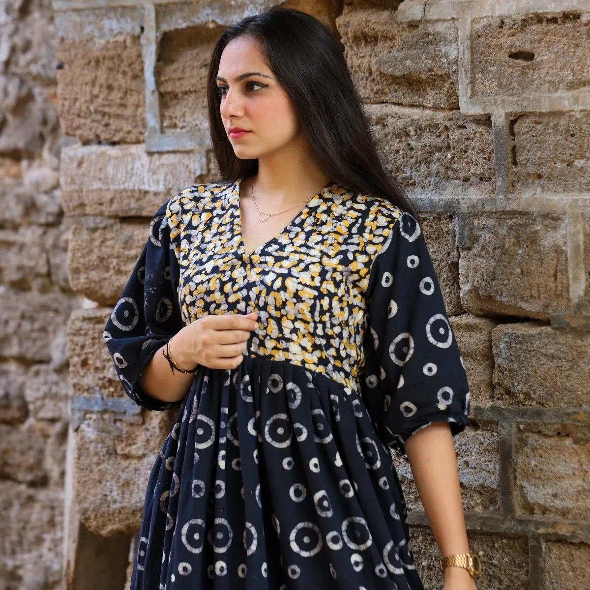 Black Midi Dress For Women | Soft Cotton | Batik Print | Casual Loose Fit