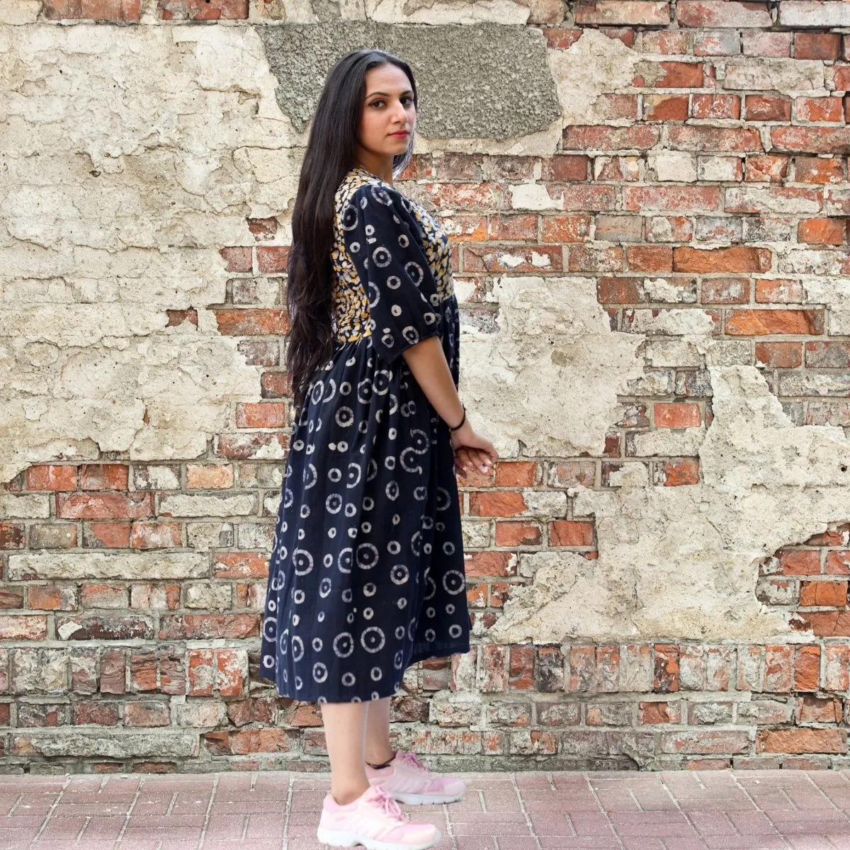 Black Midi Dress For Women | Soft Cotton | Batik Print | Casual Loose Fit