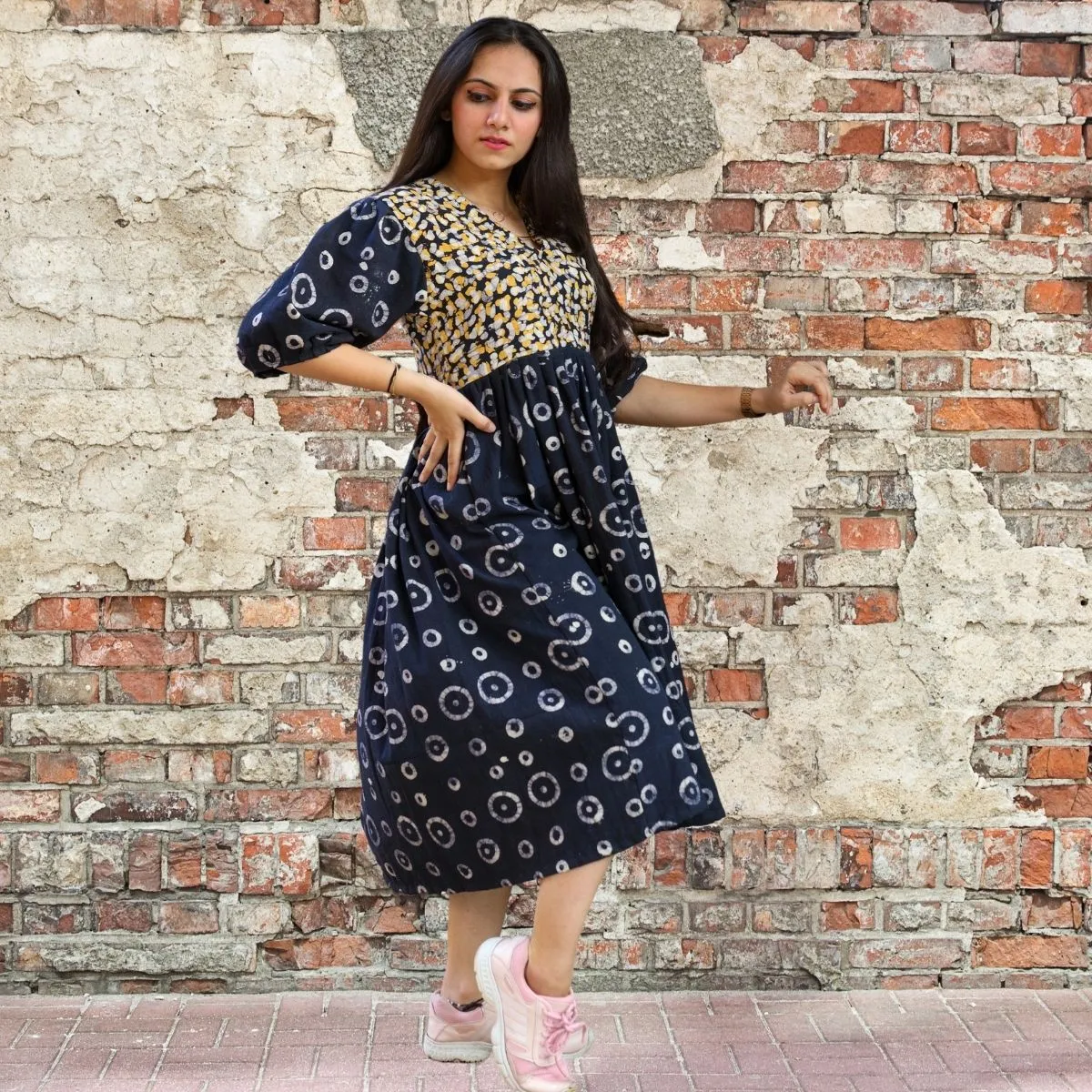 Black Midi Dress For Women | Soft Cotton | Batik Print | Casual Loose Fit