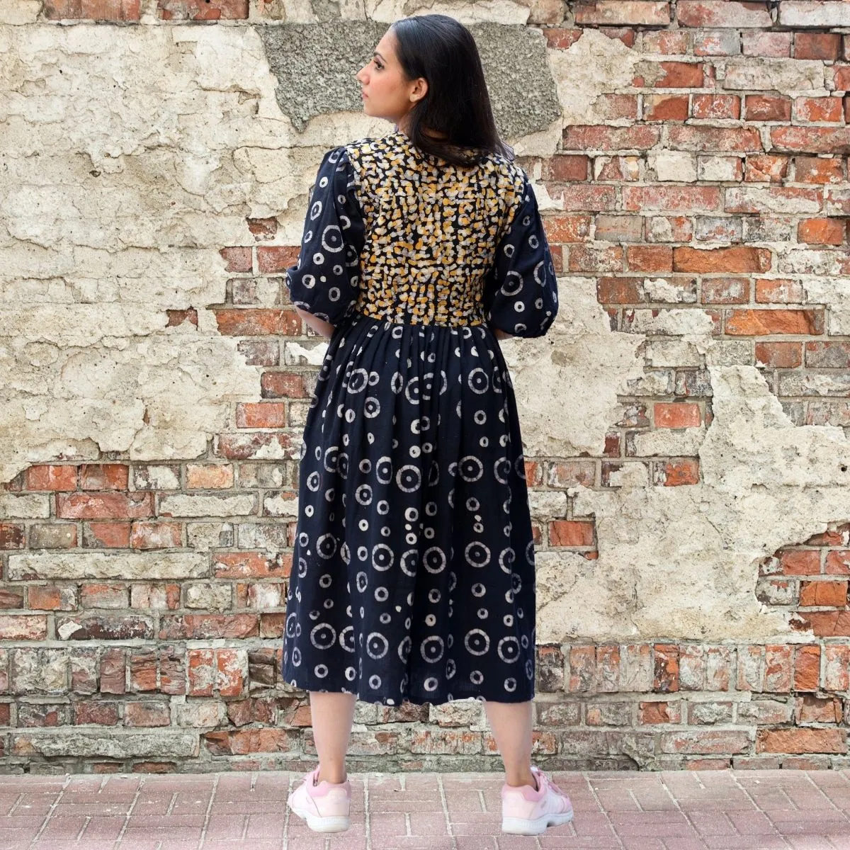 Black Midi Dress For Women | Soft Cotton | Batik Print | Casual Loose Fit