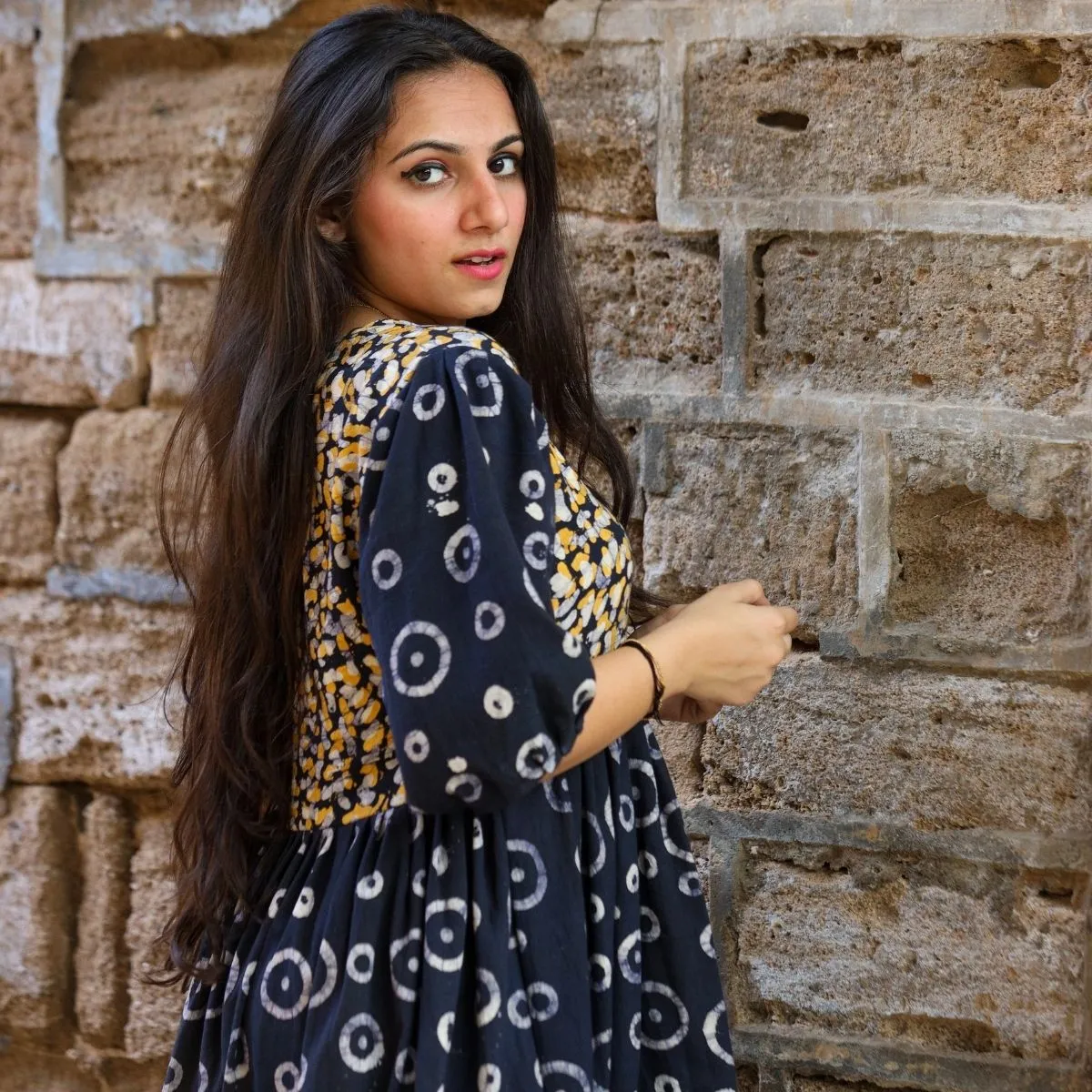 Black Midi Dress For Women | Soft Cotton | Batik Print | Casual Loose Fit