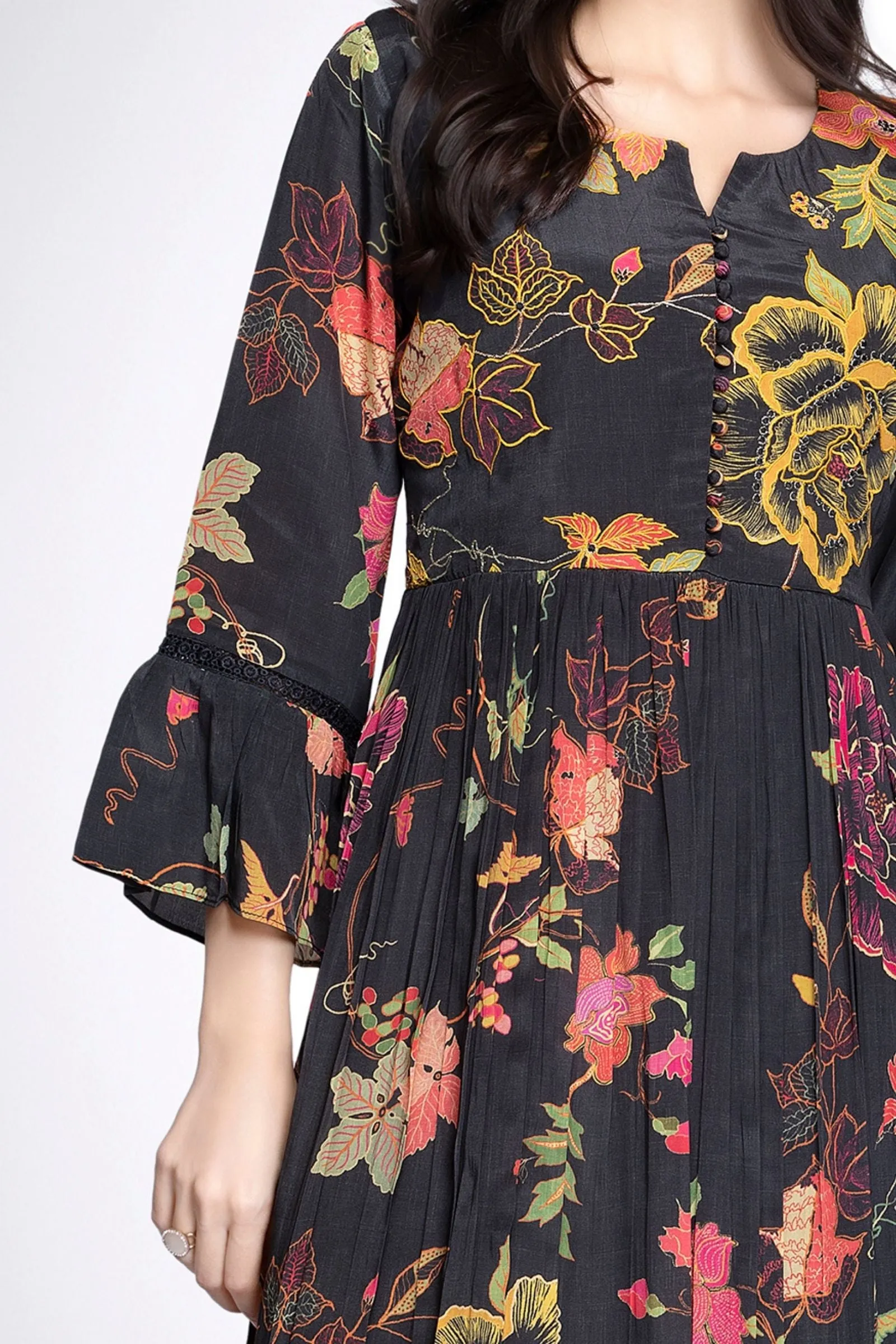 Black Thread work with Floral Print Anarkali Styled Kurti