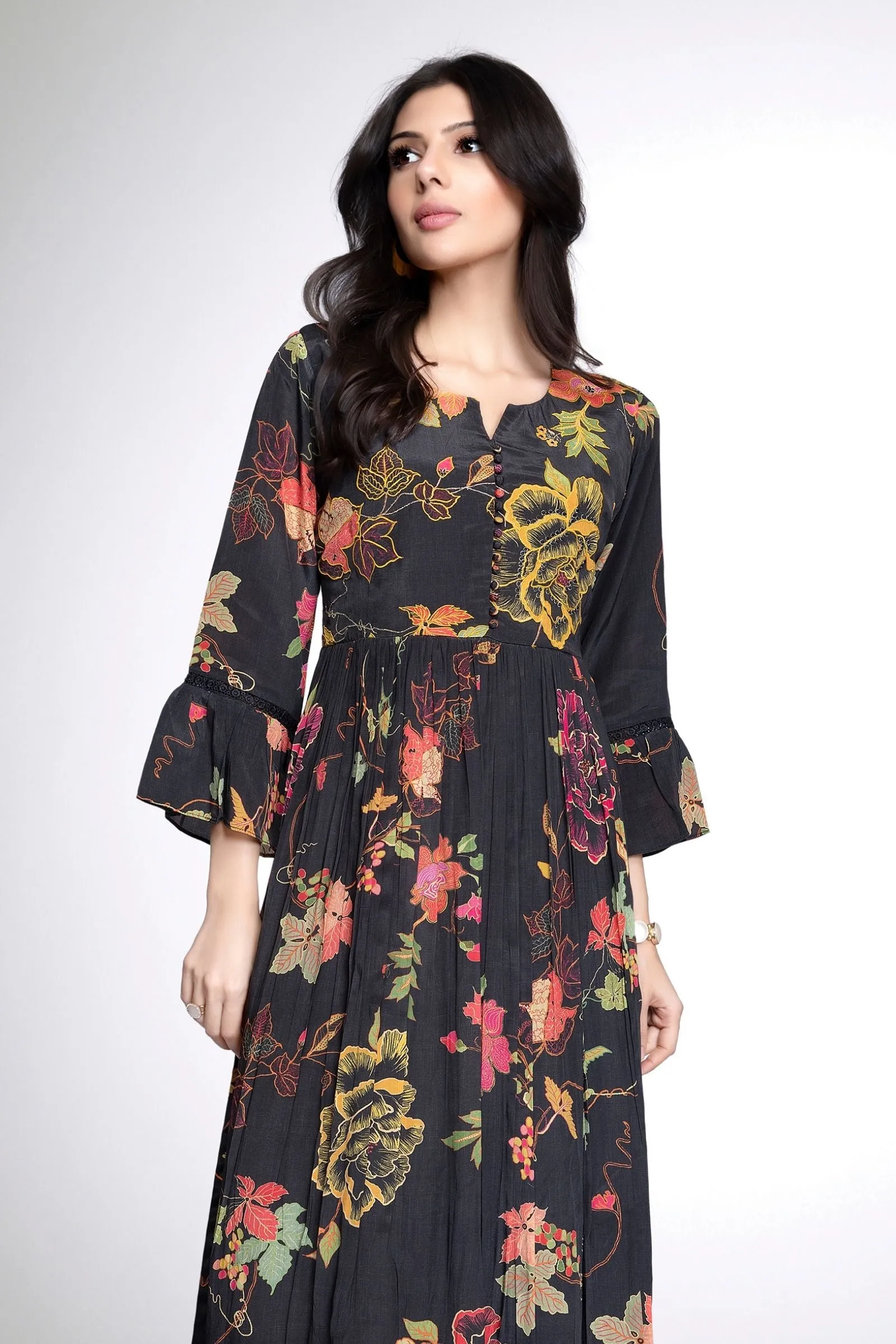 Black Thread work with Floral Print Anarkali Styled Kurti