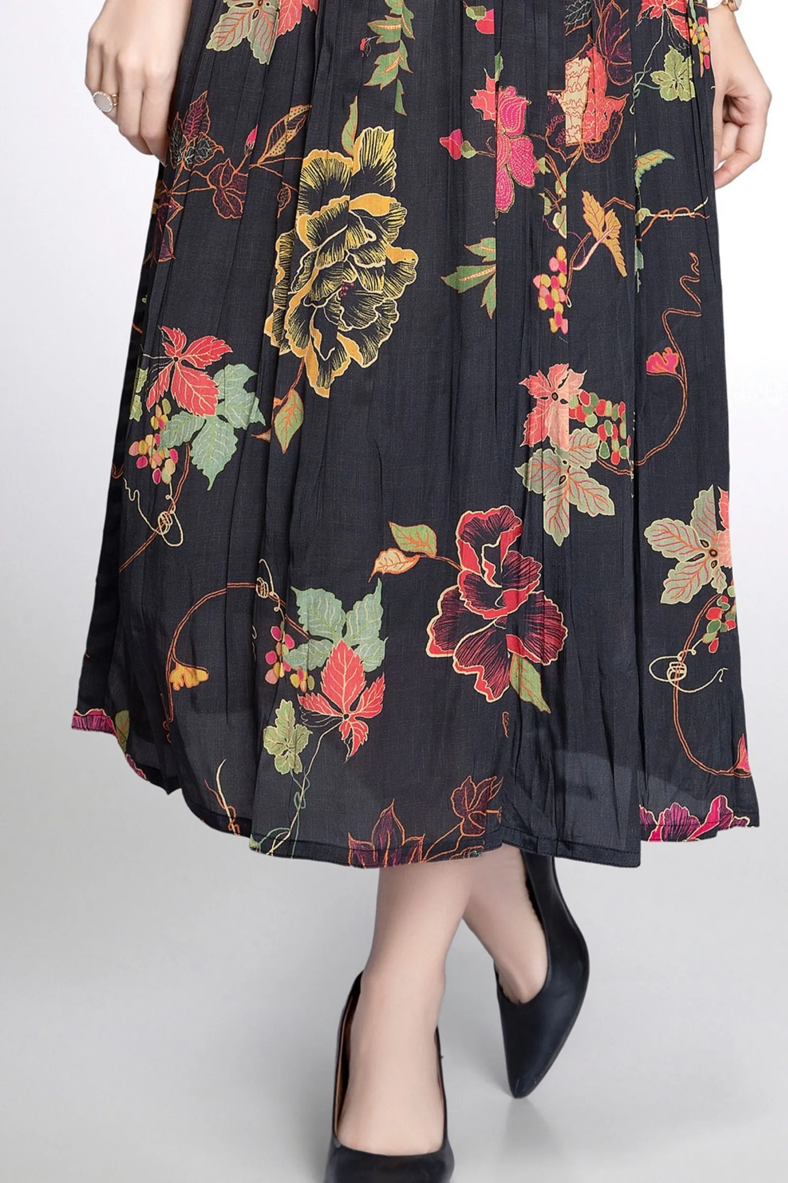 Black Thread work with Floral Print Anarkali Styled Kurti