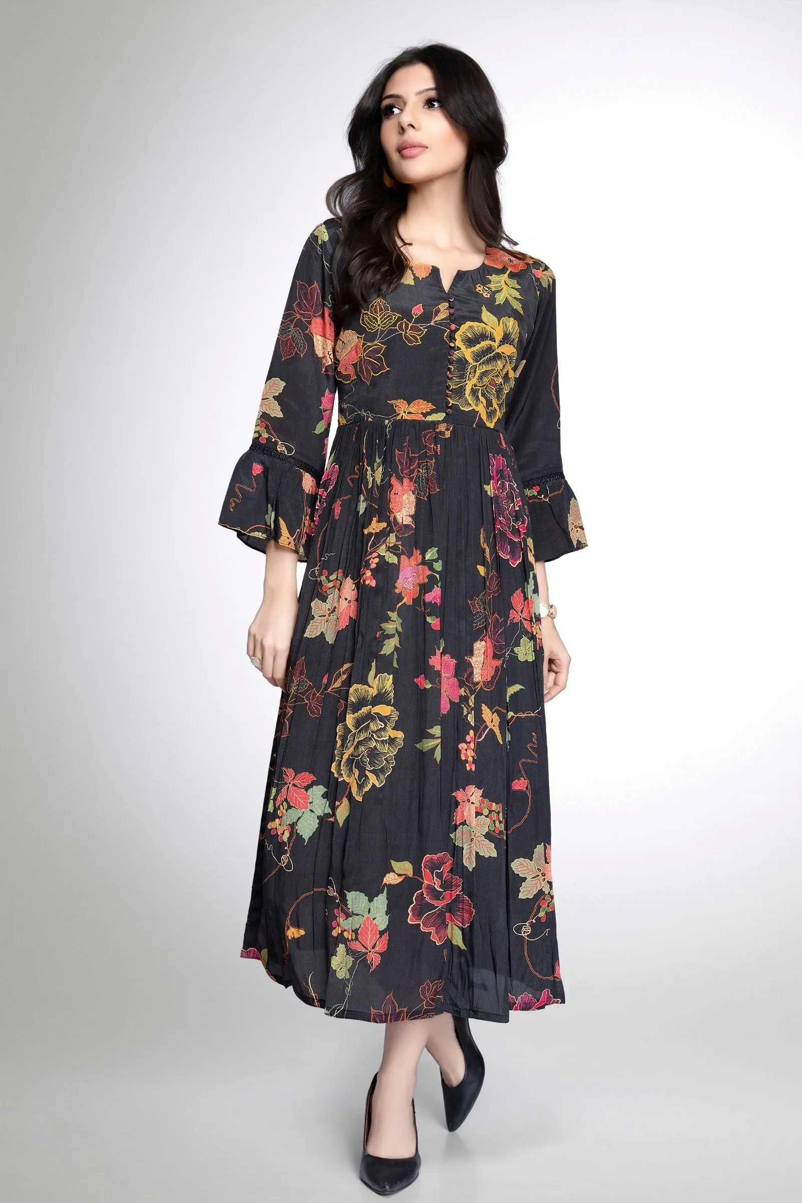 Black Thread work with Floral Print Anarkali Styled Kurti