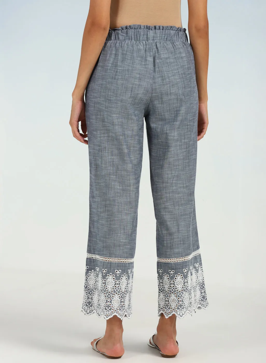 Blue Pure Cotton Ankle-length Palazzo for Women with Detailing on the Hem