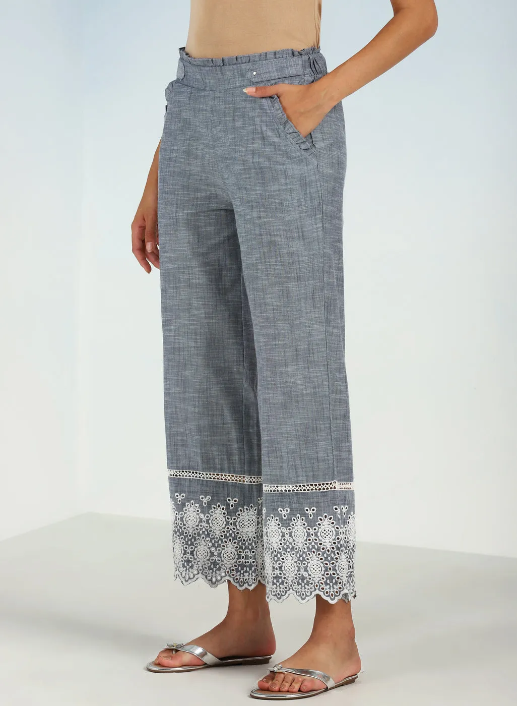 Blue Pure Cotton Ankle-length Palazzo for Women with Detailing on the Hem