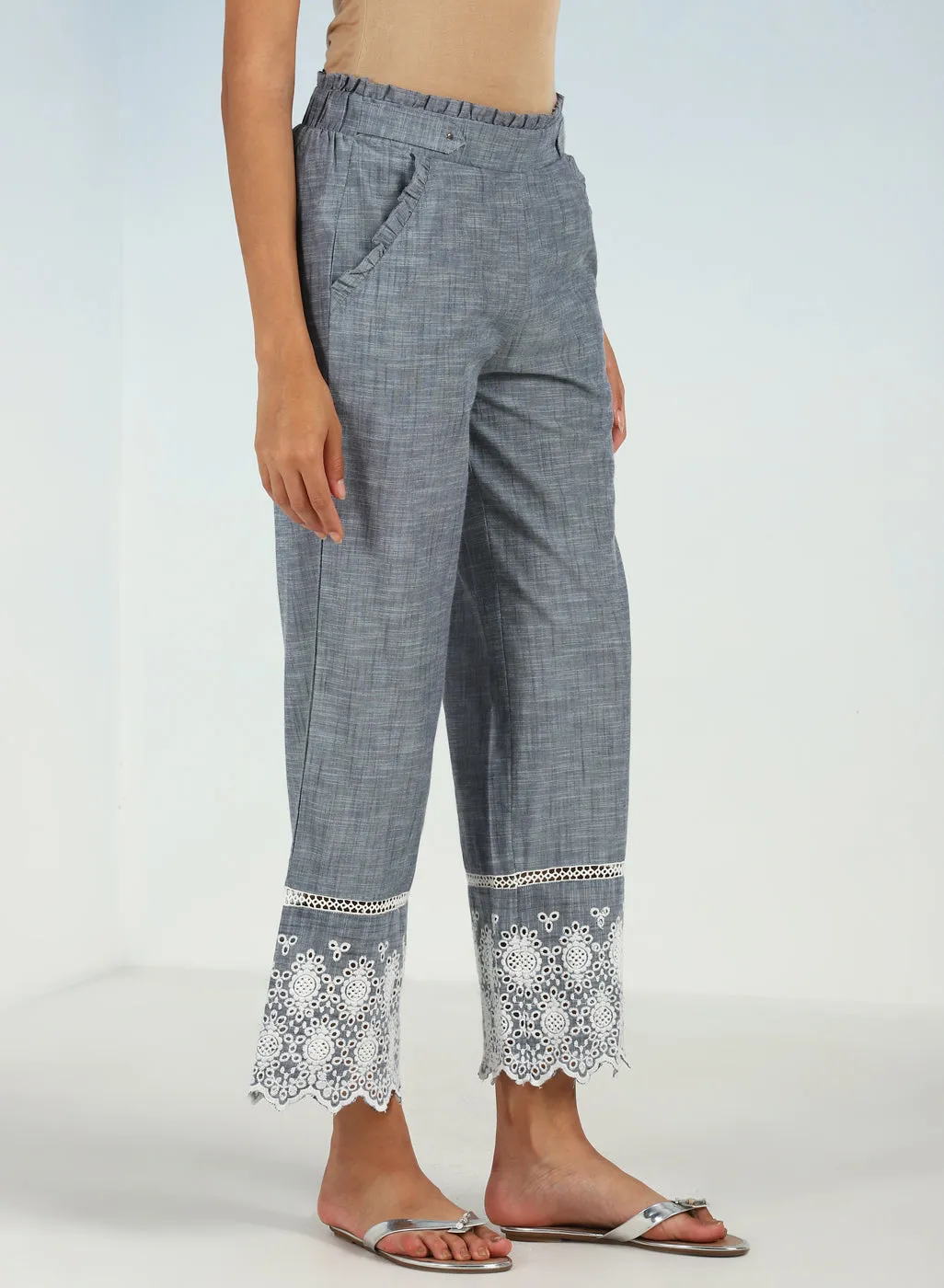 Blue Pure Cotton Ankle-length Palazzo for Women with Detailing on the Hem