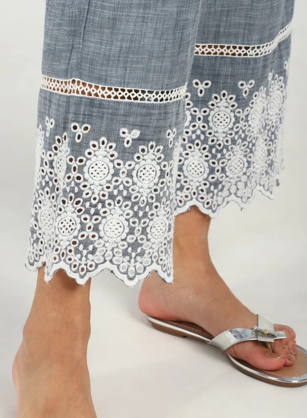 Blue Pure Cotton Ankle-length Palazzo for Women with Detailing on the Hem