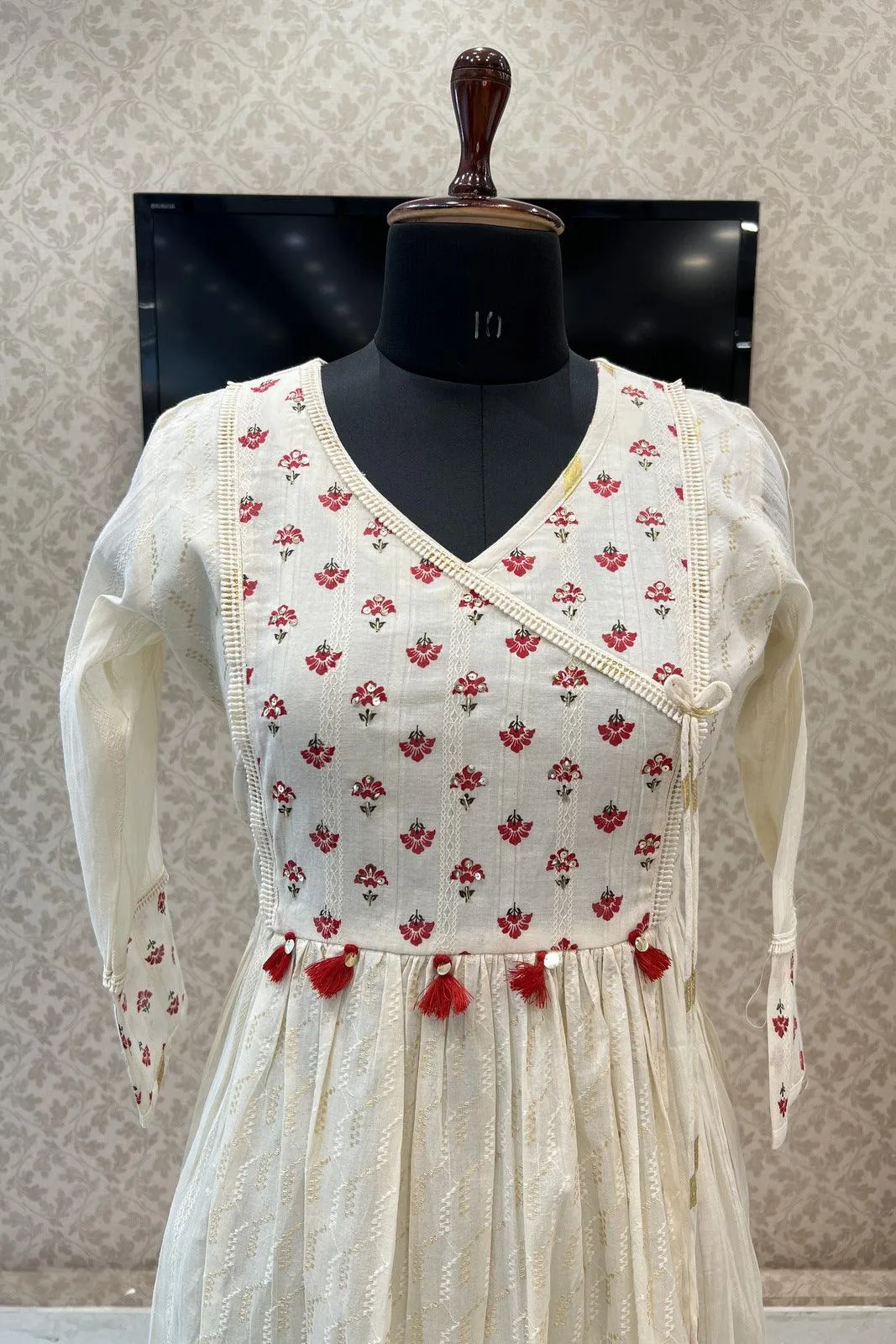 Cream Sequins and Beads work with Print Long Kurti