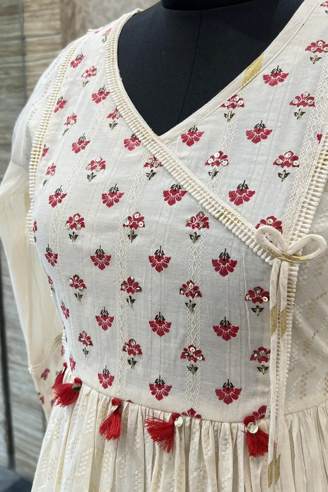 Cream Sequins and Beads work with Print Long Kurti