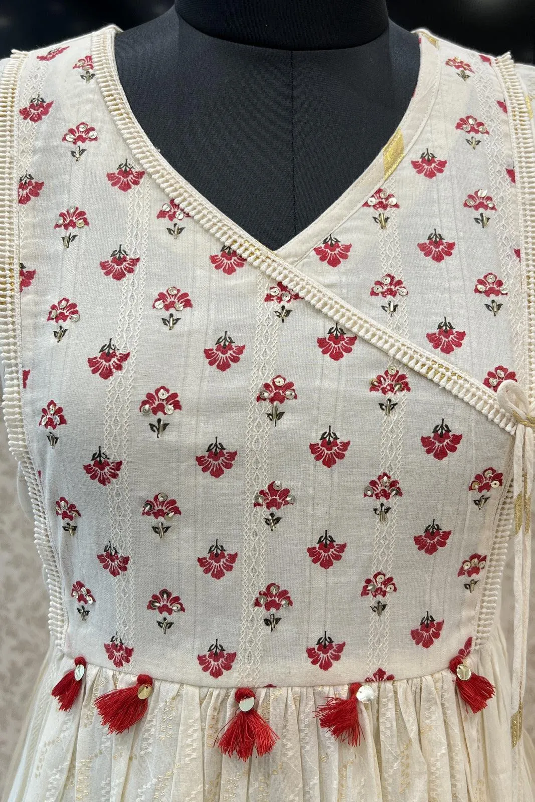 Cream Sequins and Beads work with Print Long Kurti