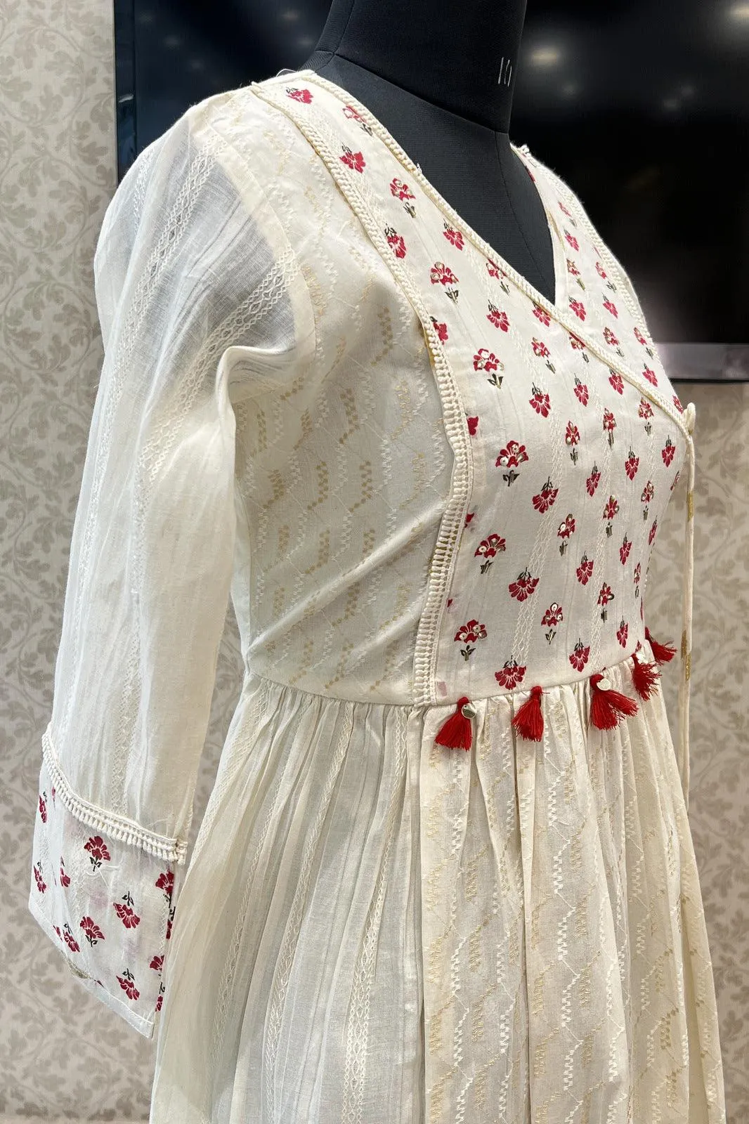 Cream Sequins and Beads work with Print Long Kurti