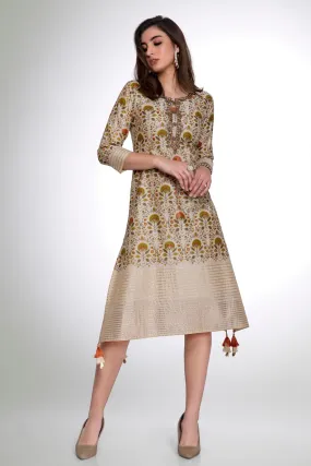 Cream with Multicolor Digital Print, Beads, Mirror and Zardozi work Calf Length Kurti