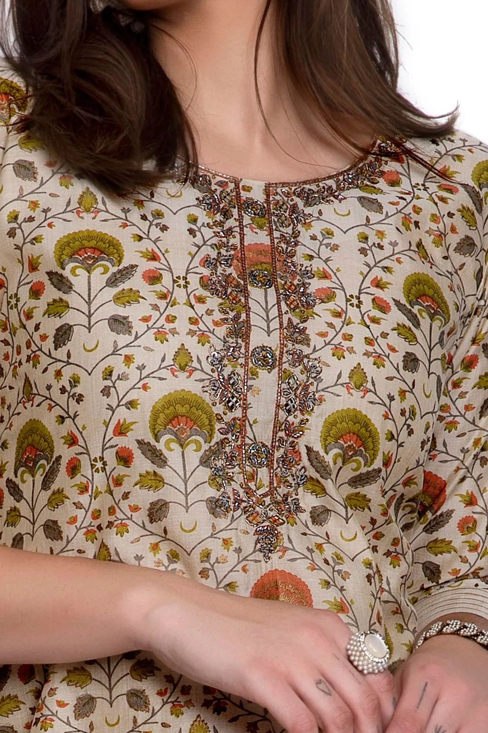 Cream with Multicolor Digital Print, Beads, Mirror and Zardozi work Calf Length Kurti