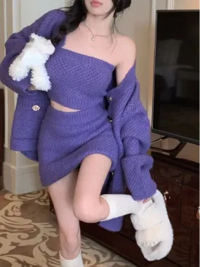 deanwangkt  Autumn Purple Knitted Sweater Suit Woman Sexy Corset   Loose Casual Cardigan   Slim Y2k Mini Skirt Party Korea 3 Piece Set