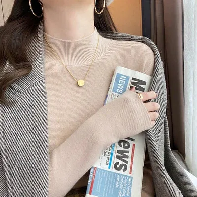 deanwangkt Autumn Winter Women Mock neck Sweaters Pullover Tops Knitwear Fashion Female Long Sleeve Skinny Elastic Casual Knitted Shirts