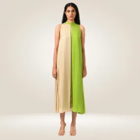 Ecru-Green Halter Neck Colour Block Dress | Crafted in Bemberg Modal