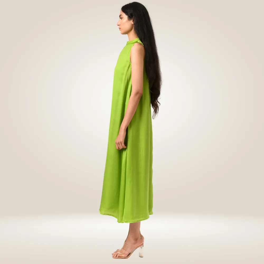 Ecru-Green Halter Neck Colour Block Dress | Crafted in Bemberg Modal