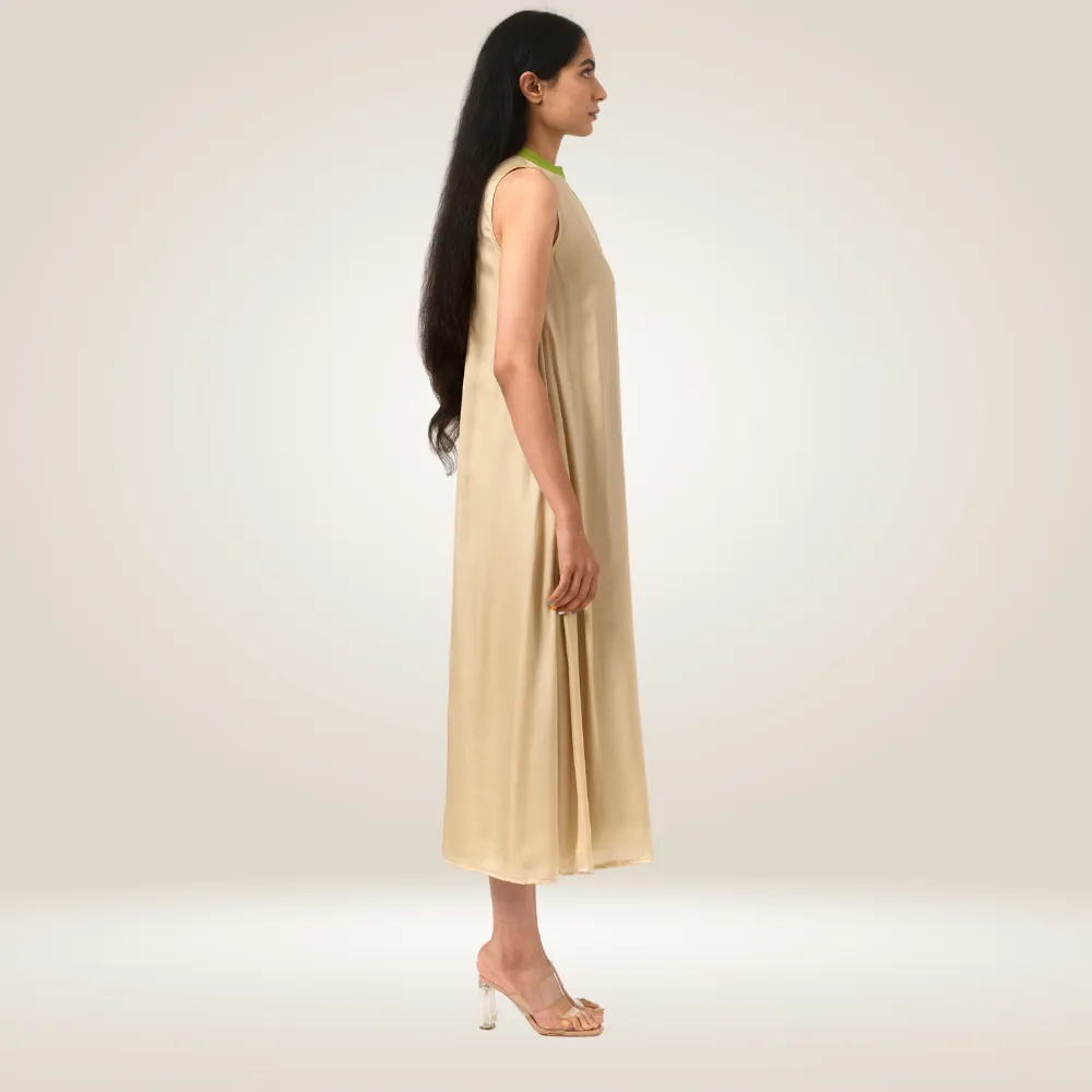 Ecru-Green Halter Neck Colour Block Dress | Crafted in Bemberg Modal