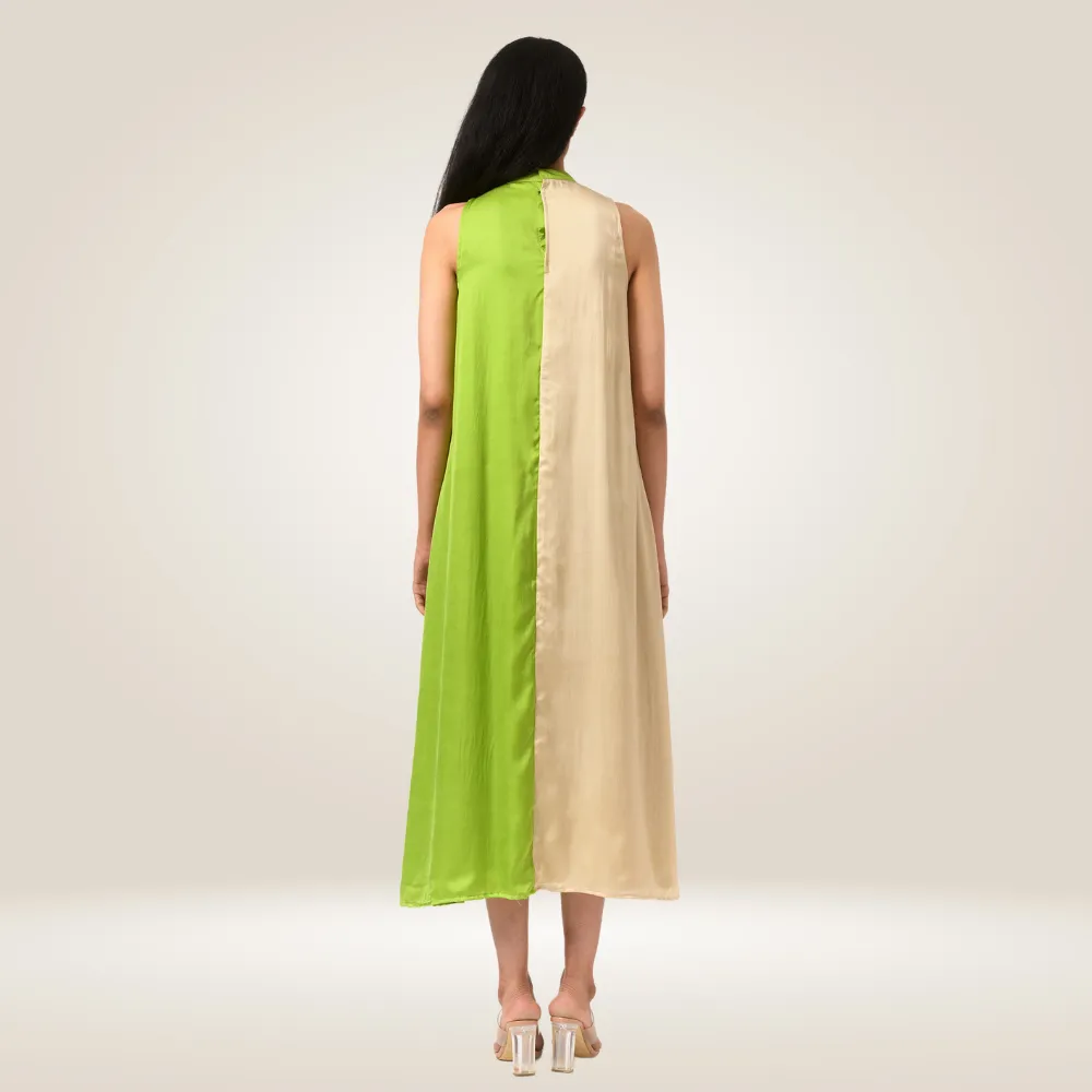Ecru-Green Halter Neck Colour Block Dress | Crafted in Bemberg Modal