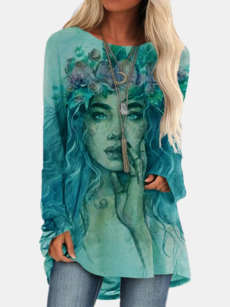 Fashion loose round neck character avatar print long sleeve top