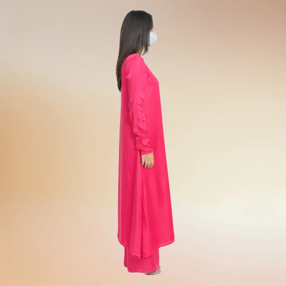 Feminine Fuchsia Pink Grey Color Blocked Kurta Set | Modal Silk