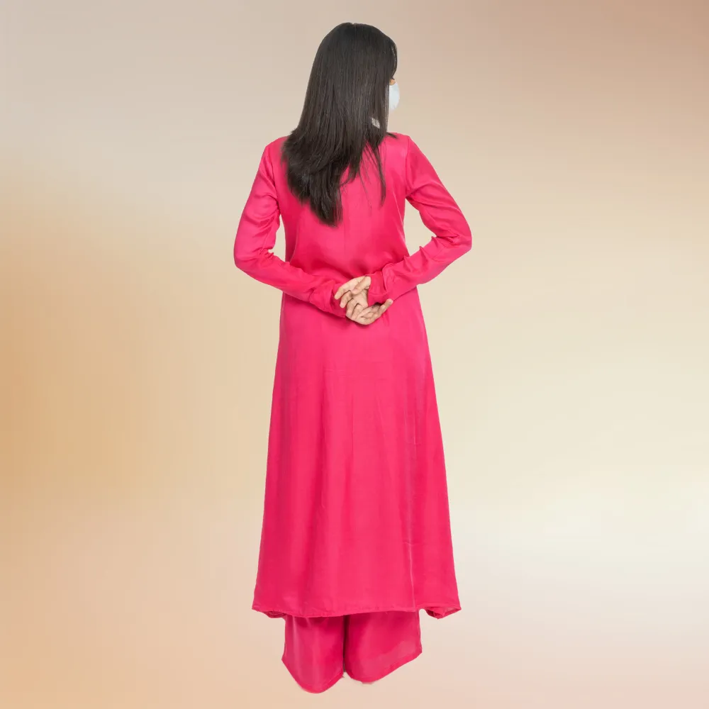 Feminine Fuchsia Pink Grey Color Blocked Kurta Set | Modal Silk