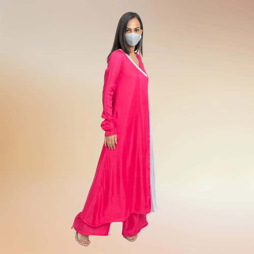 Feminine Fuchsia Pink Grey Color Blocked Kurta Set | Modal Silk