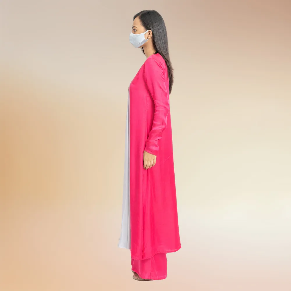 Feminine Fuchsia Pink Grey Color Blocked Kurta Set | Modal Silk