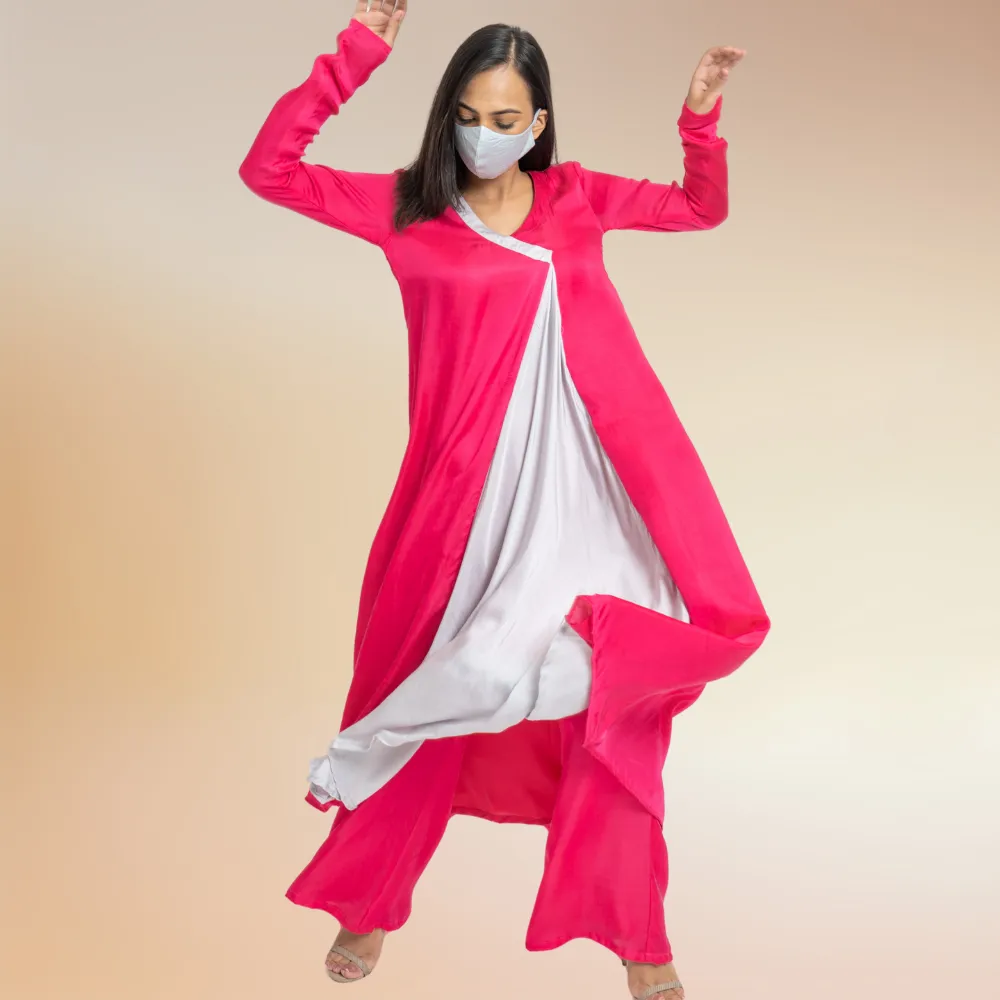 Feminine Fuchsia Pink Grey Color Blocked Kurta Set | Modal Silk
