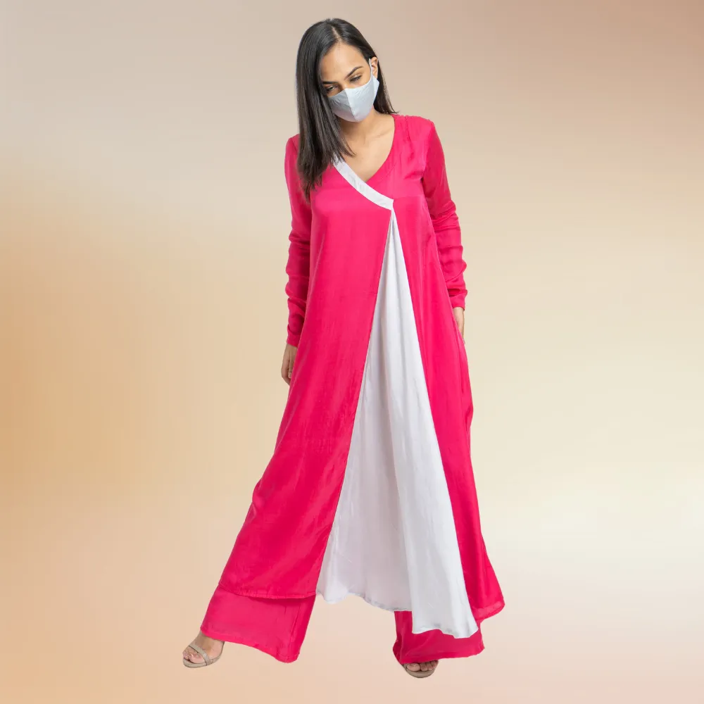 Feminine Fuchsia Pink Grey Color Blocked Kurta Set | Modal Silk