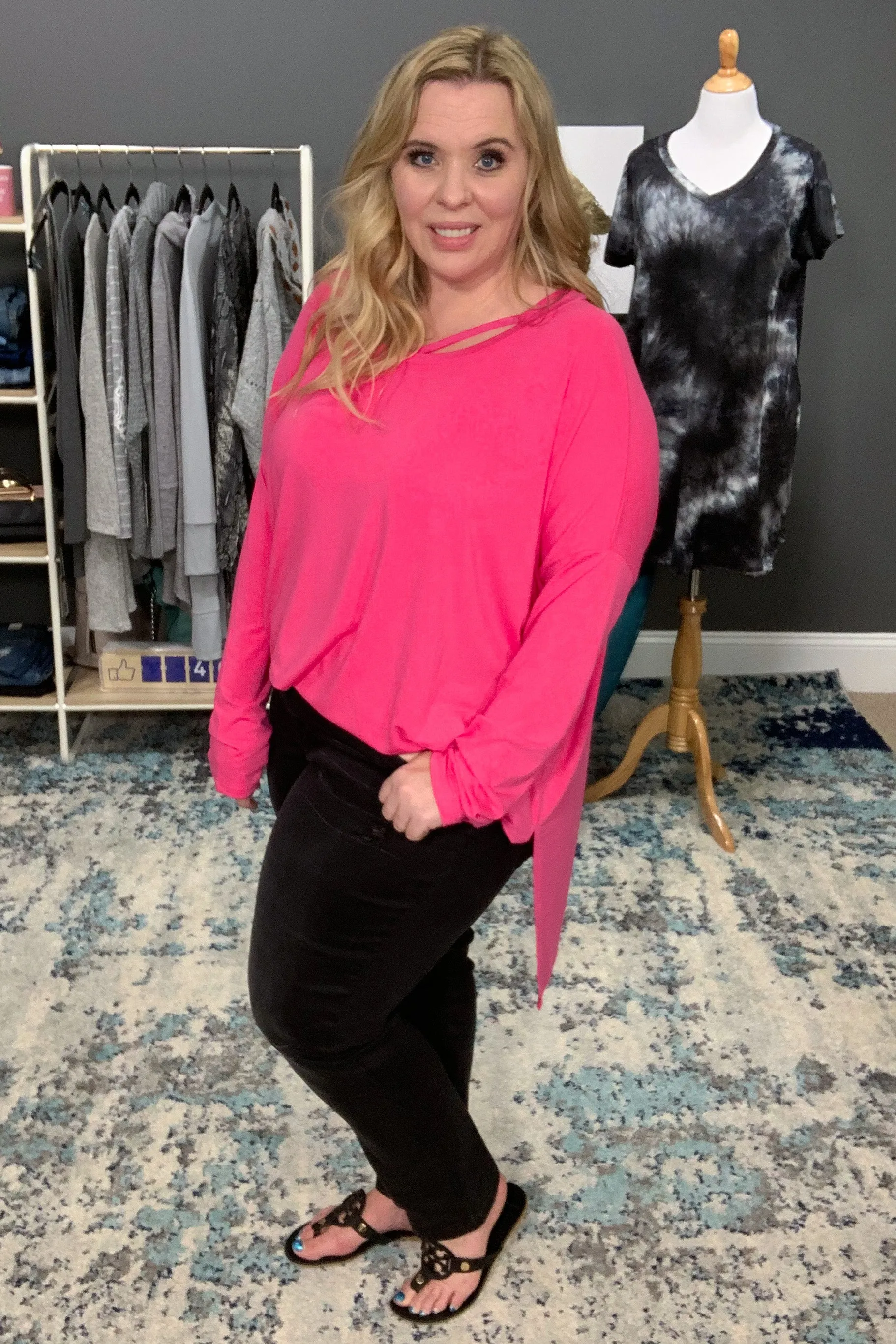 Fuchsia Dolman Sleeve Round Neck Hi-Low Hem Top