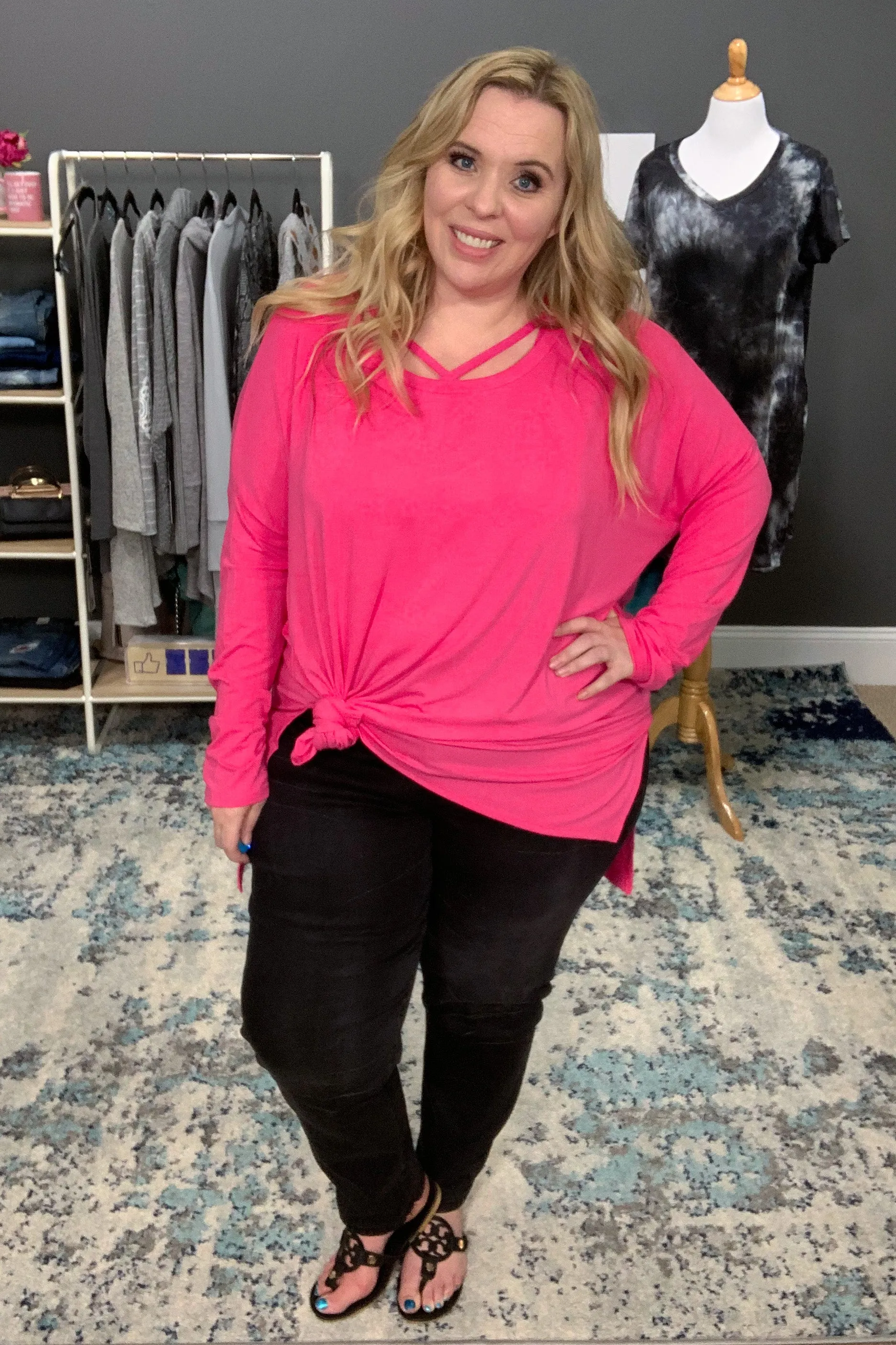Fuchsia Dolman Sleeve Round Neck Hi-Low Hem Top