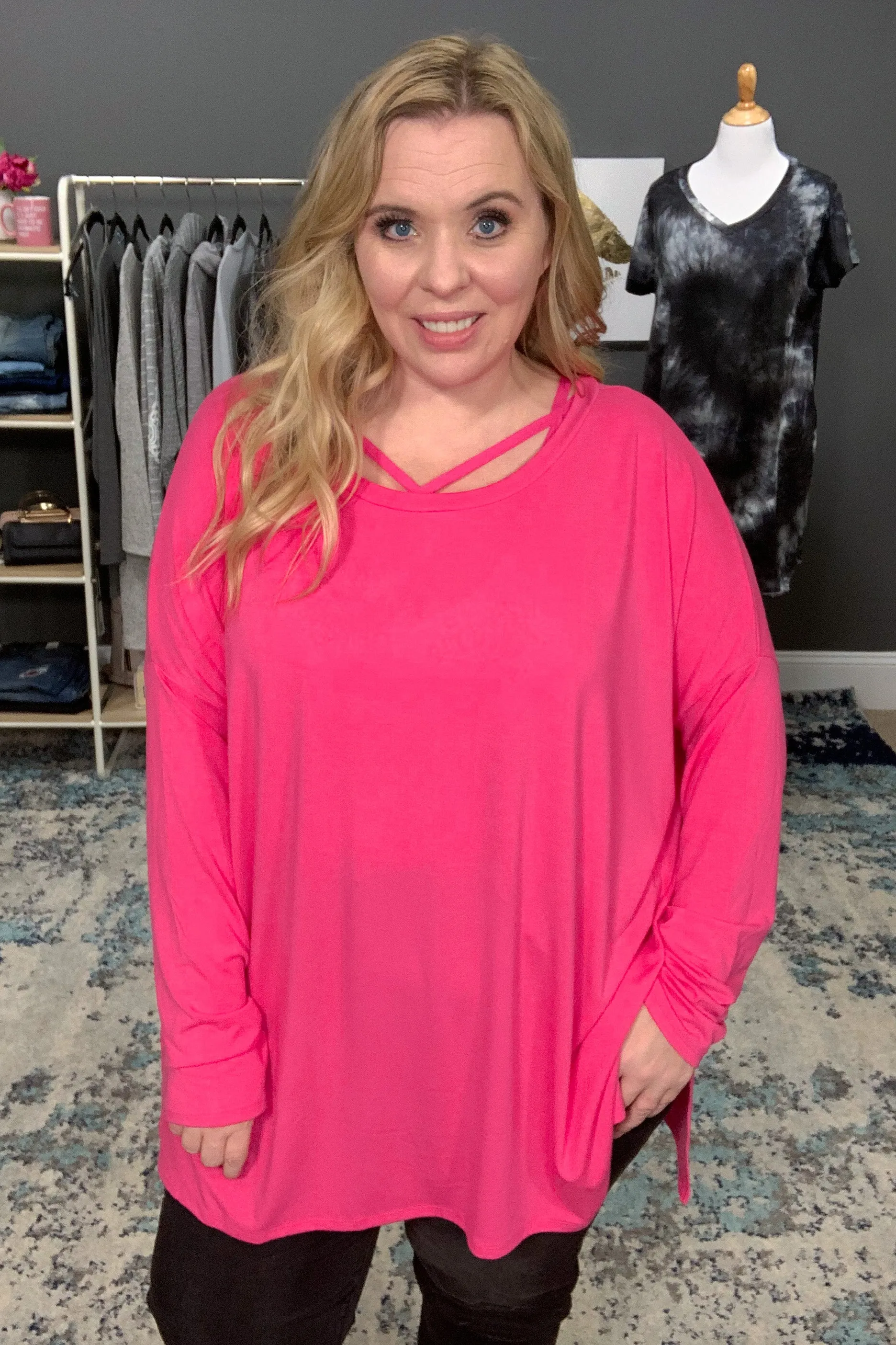 Fuchsia Dolman Sleeve Round Neck Hi-Low Hem Top