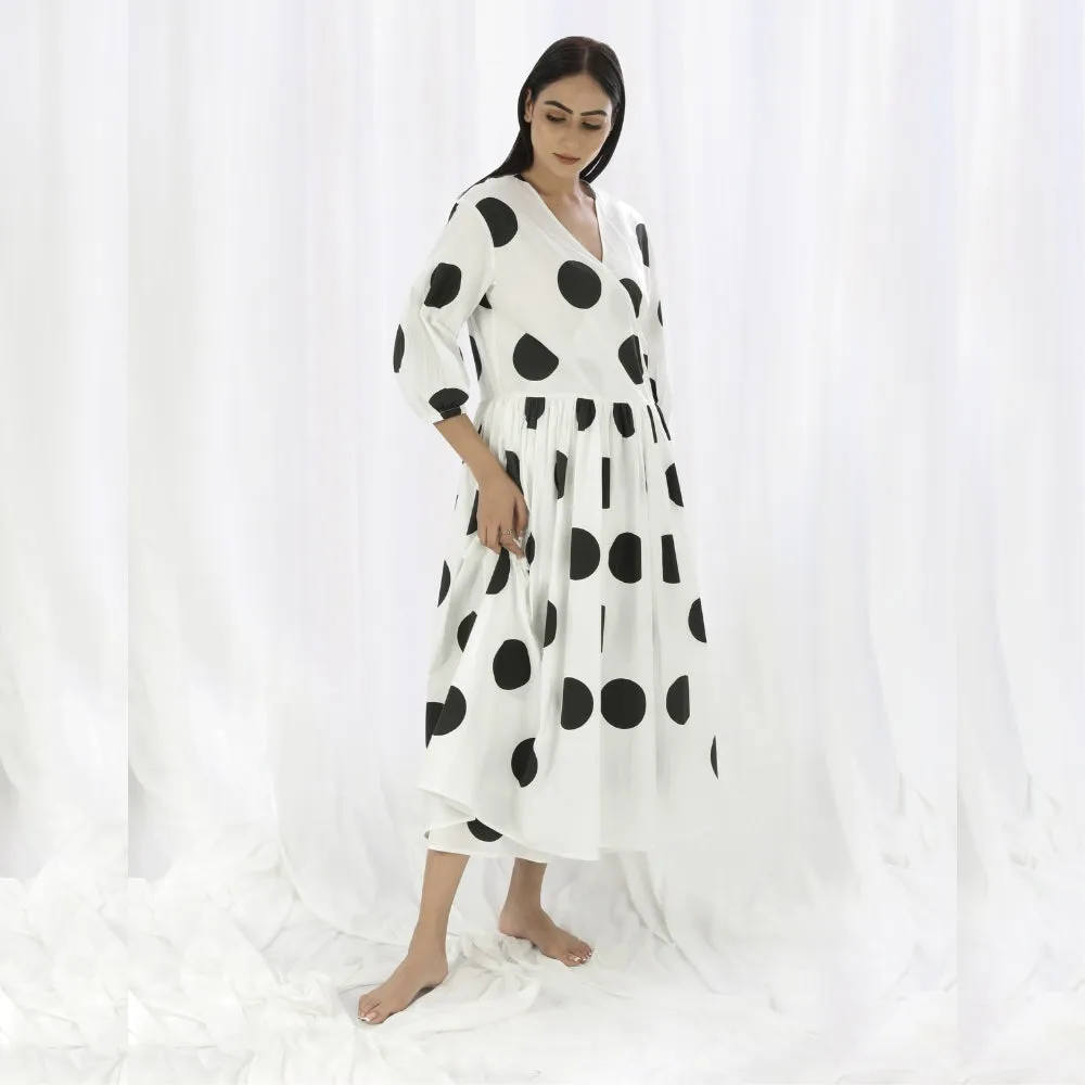 Girls White Cotton Dress | Overlapping Yoke | Black Polka | Smart Resort Wear