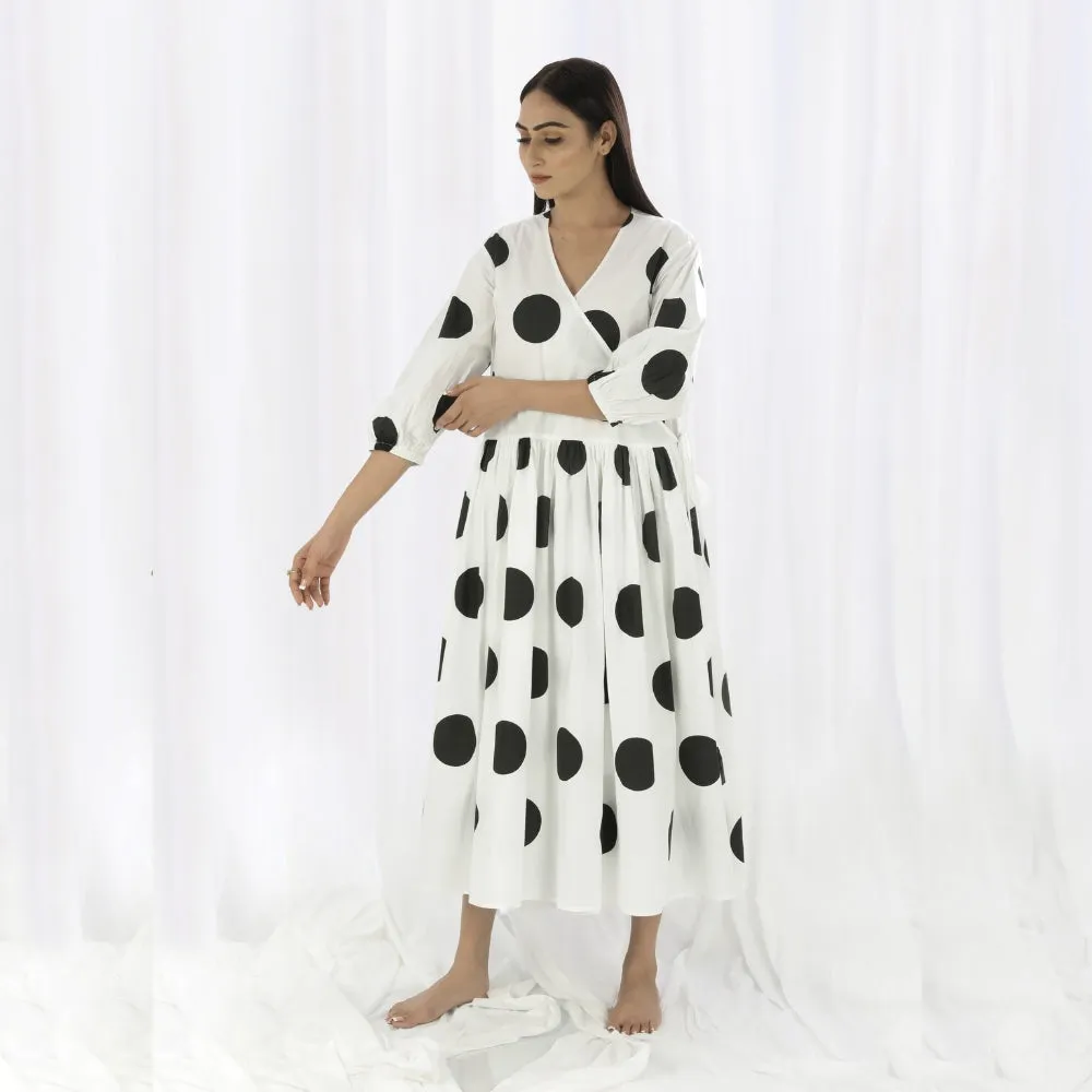 Girls White Cotton Dress | Overlapping Yoke | Black Polka | Smart Resort Wear